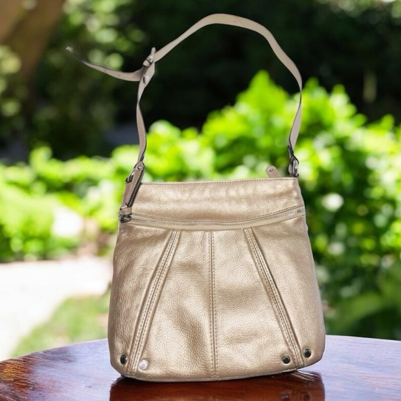 Tignanello Light Gold Metallic Leather Crossbody Bag. 9.25” H x 10”W - Picture 1 of 14